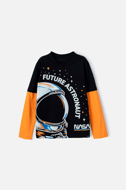 Card slide image -  CAMISETA DE LA NASA NEGRA Y NARANJA MANGA LARGA PARA NIÑO
