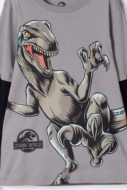 Card slide image -  CAMISETA DE JURASSIC WORLD GRIS Y NEGRA DOBLE MANGA PARA NIÑO