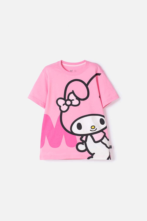 Card slide image -  CAMISETA DE MY MELODY & KUROMI ROSADA CON ESTAMPADO EN FRENTE PARA NIÑA