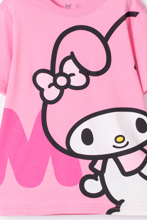 Card slide image -  CAMISETA DE MY MELODY & KUROMI ROSADA CON ESTAMPADO EN FRENTE PARA NIÑA