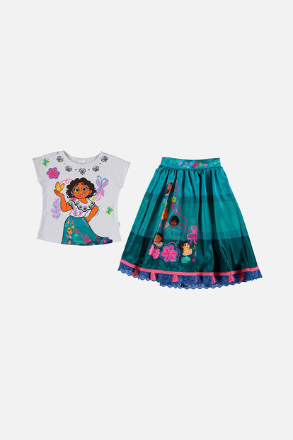 CONJUNTO DE ENCANTO DE FALDA BLANCO Y VERDE PARA NIÑA 2T A 5T