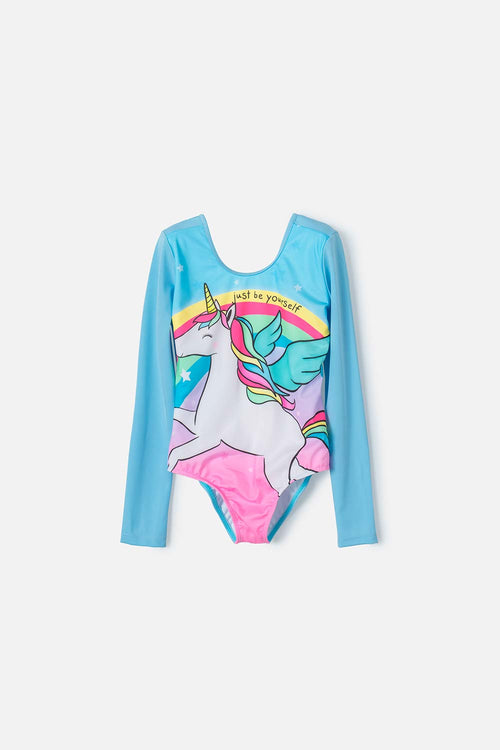 Card slide image -  VESTIDO DE BAÑO ENTERO MIC MANGA LARGA AZUL PARA NIÑA