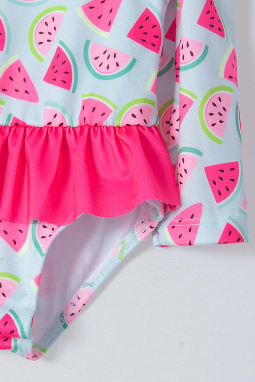 Card slide image -  VESTIDO DE BAÑO LITTLEMIC CON GORRO AZUL Y FUCSIA PARA BEBÉ NIÑA