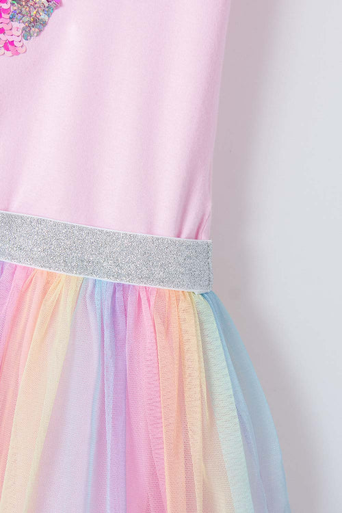 Card slide image -  VESTIDO DE MIC CON APLIQUE DE LENTEJUELAS MULTICOLOR PARA NIÑA