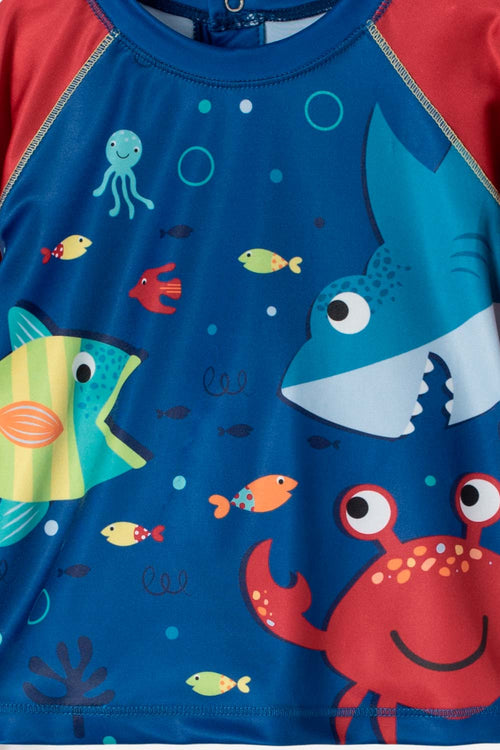 Card slide image -  CONJUNTO DE BAÑO DE LITTLEMIC MANGA LARGA AZUL/ROJO PARA BEBÉ NIÑO