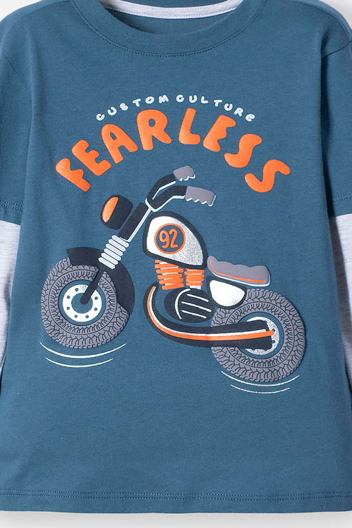 Card slide image -  CAMISETA LITTLEMIC AZUL Y GRIS ESTAMPADA EN FRENTE PARA NIÑO 2T A 5T