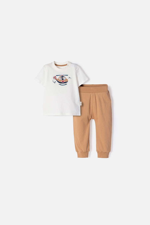 Card slide image -  CONJUNTO LITTLEMIC MARFIL Y CAFÉ MANGA CORTA PARA BEBÉ NIÑO