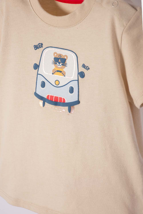 Card slide image -  CONJUNTO LITTLEMIC CAQUI Y ROJO ESTAMPADO EN FRENTE PARA BEBÉ NIÑO