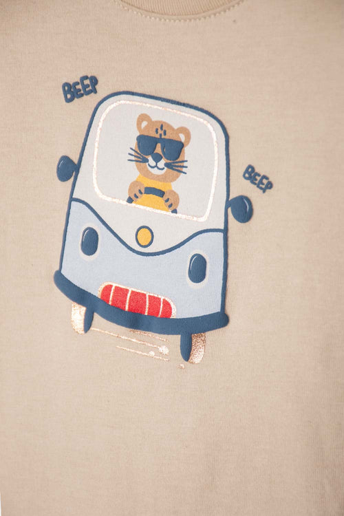 Card slide image -  CONJUNTO LITTLEMIC CAQUI Y ROJO ESTAMPADO EN FRENTE PARA BEBÉ NIÑO