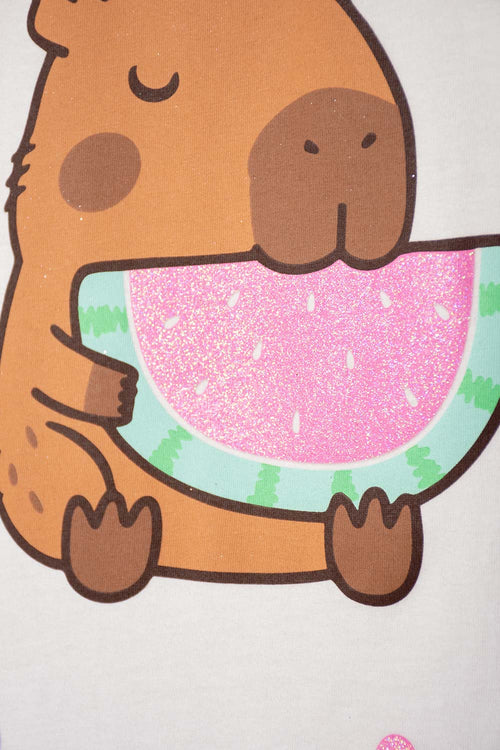 Card slide image -  PIJAMA DE CAPYBARA LILA Y BLANCA DE PANTALÓN LARGO PARA NIÑA