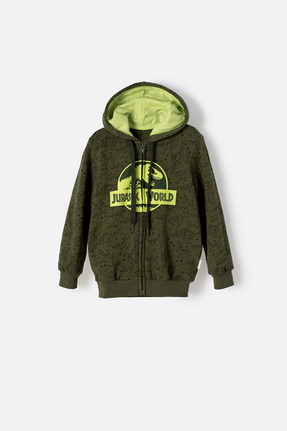 BUZO DE JURASSIC WORLD VERDE MILITAR ABIERTO PARA NIÑO 2T A 5T