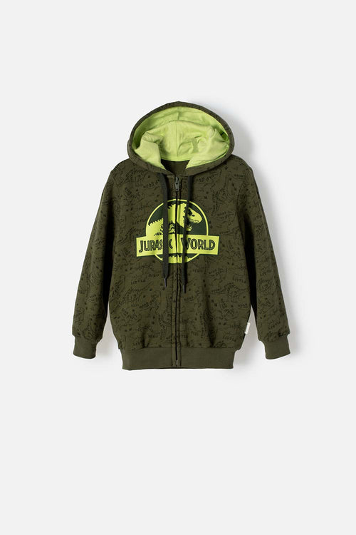 Card slide image -  BUZO DE JURASSIC WORLD VERDE MILITAR ABIERTO PARA NIÑO 2T A 5T