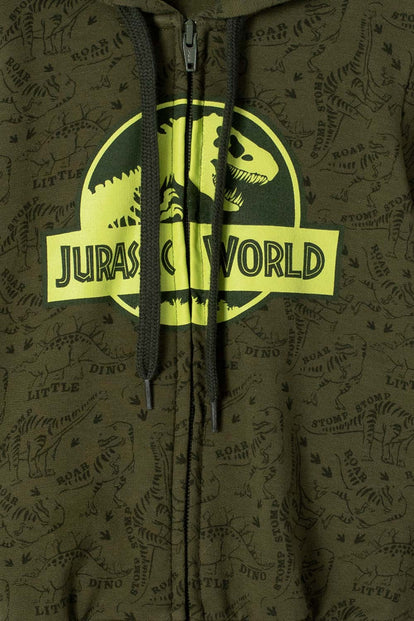 BUZO DE JURASSIC WORLD VERDE MILITAR ABIERTO PARA NIÑO 2T A 5T