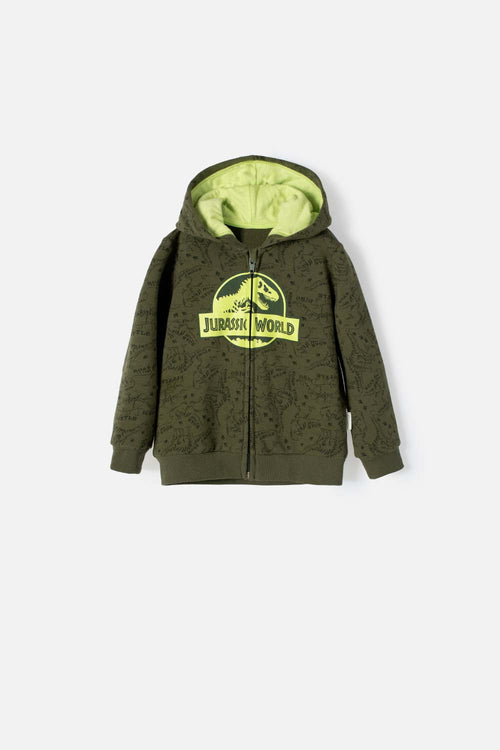 Card slide image -  BUZO DE JURASSIC WORLD VERDE MILITAR ABIERTO PARA BEBÉ NIÑO