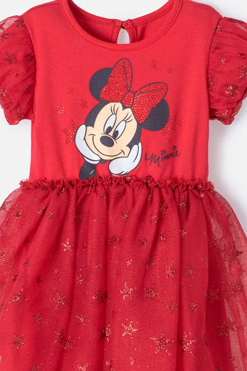 Card slide image -  VESTIDO DE MINNIE MOUSE ROJO ESTAMPADO EN FRENTE PARA BEBÉ NIÑA