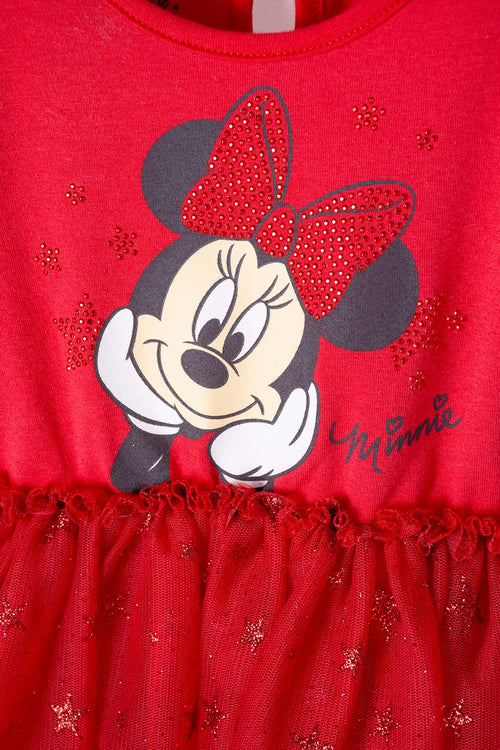 Card slide image -  VESTIDO DE MINNIE MOUSE ROJO ESTAMPADO EN FRENTE PARA BEBÉ NIÑA