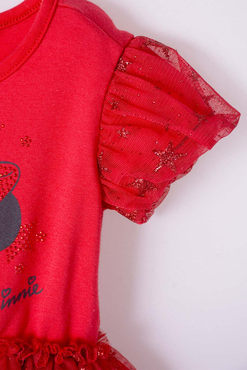 Card slide image -  VESTIDO DE MINNIE MOUSE ROJO ESTAMPADO EN FRENTE PARA BEBÉ NIÑA
