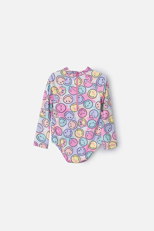 Card slide image -  VESTIDO DE BAÑO DE SMILEY MULTICOLOR MANGA LARGA PARA NIÑA 2T A 5T