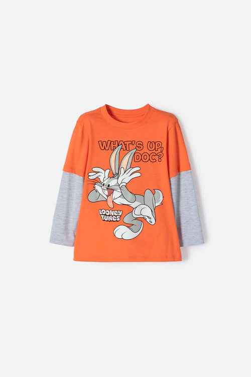 Card slide image -  CAMISETA DE BUGS BUNNY NARANJA Y GRIS MANGA LARGA PARA NIÑO 2T A 5T