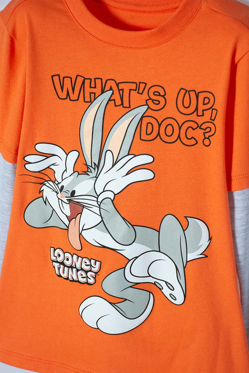 Card slide image -  CAMISETA DE BUGS BUNNY NARANJA Y GRIS MANGA LARGA PARA NIÑO 2T A 5T