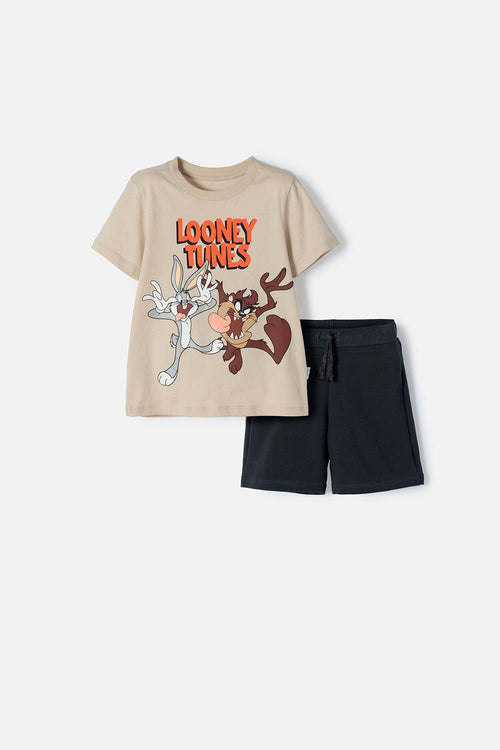 Card slide image -  CONJUNTO DE LOS LOONEY TUNES CAQUI Y GRIS DE PANTALÓN CORTO PARA NIÑO 2T A 5T