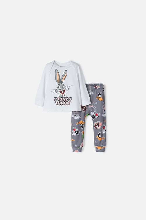 Card slide image -  PIJAMA DE LOS LOONEY TUNES BLANCA Y GRIS MANGA LARGA PARA BEBÉ NIÑO