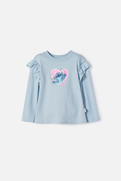 CAMISETA DE STITCH AZUL MANGA LARGA PARA NIÑA 2T A 5T