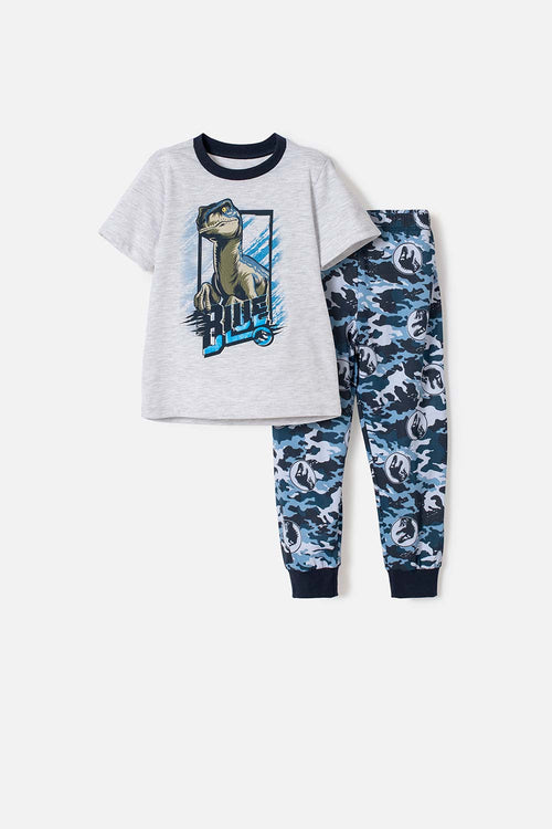 Card slide image -  PIJAMA DE JURASSIC WORLD GRIS Y AZUL DE CAMISETA MANGA CORTA PARA NIÑO 2T A 5T