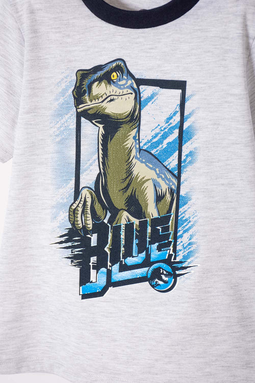 Card slide image -  PIJAMA DE JURASSIC WORLD GRIS Y AZUL DE CAMISETA MANGA CORTA PARA NIÑO 2T A 5T