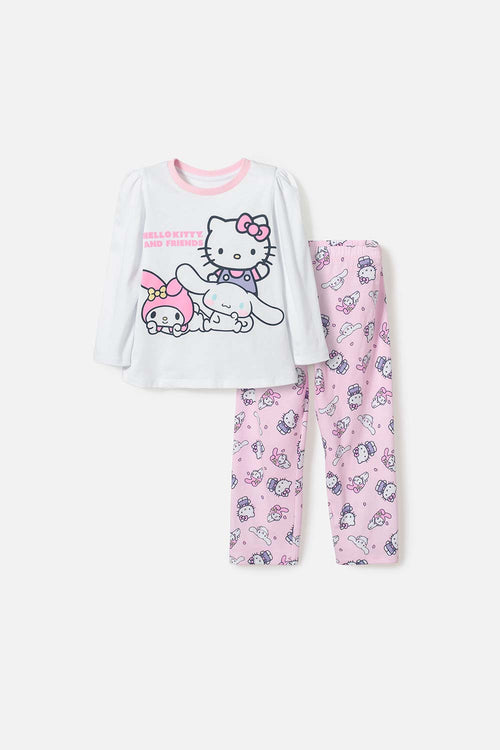 Card slide image -  PIJAMA DE HELLO KITTY BLANCA Y ROSADA DE CAMISETA MANGA LARGA PARA NIÑA 2T A 5T