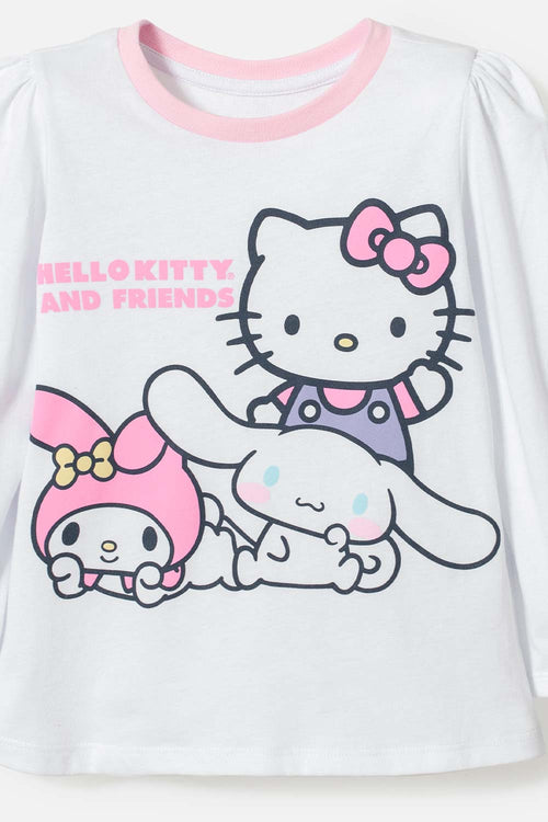 Card slide image -  PIJAMA DE HELLO KITTY BLANCA Y ROSADA DE CAMISETA MANGA LARGA PARA NIÑA 2T A 5T
