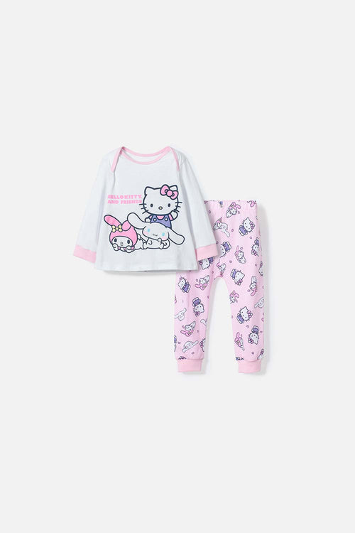 Card slide image -  PIJAMA DE HELLO KITTY BLANCA Y ROSADA DE CAMISETA MANGA LARGA PARA BEBÉ NIÑA