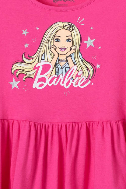 VESTIDO DE BARBIE MANGA CORTA FUCSIA PARA NIÑA
