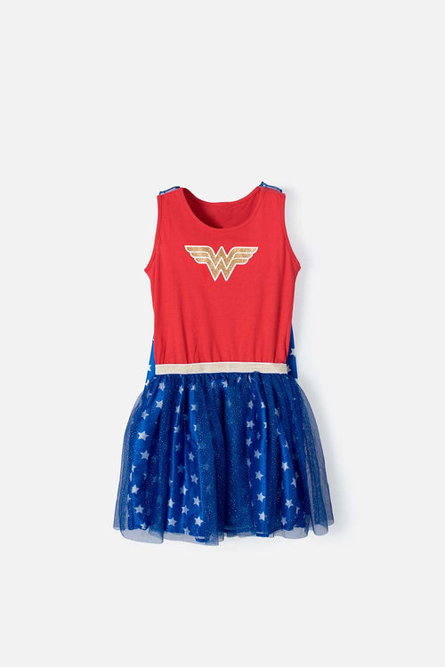 VESTIDO DE WONDER WOMAN CON CAPA DE ESTRELLAS REMOVIBLE PARA NIÑA