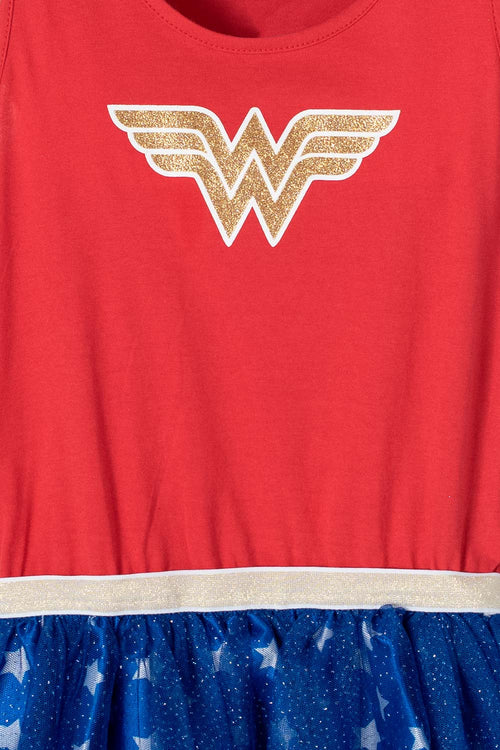 VESTIDO DE WONDER WOMAN CON CAPA DE ESTRELLAS REMOVIBLE PARA NIÑA