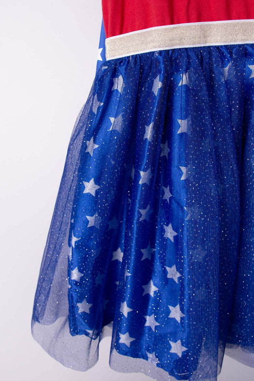 VESTIDO DE WONDER WOMAN CON CAPA DE ESTRELLAS REMOVIBLE PARA NIÑA