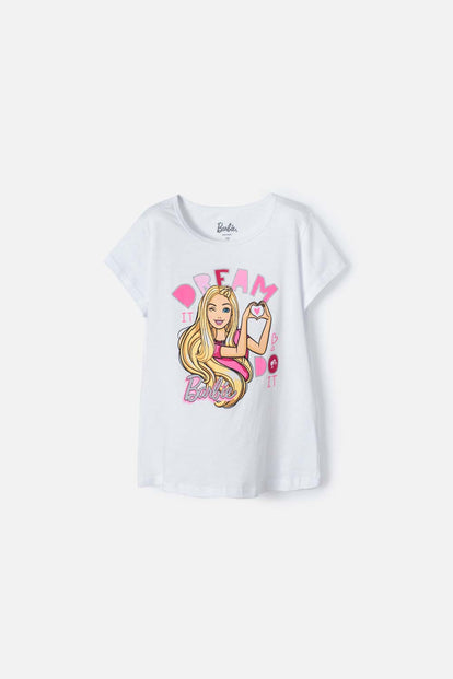 CAMISETA DE BARBIE MANGA CORTA BLANCA PARA NIÑA