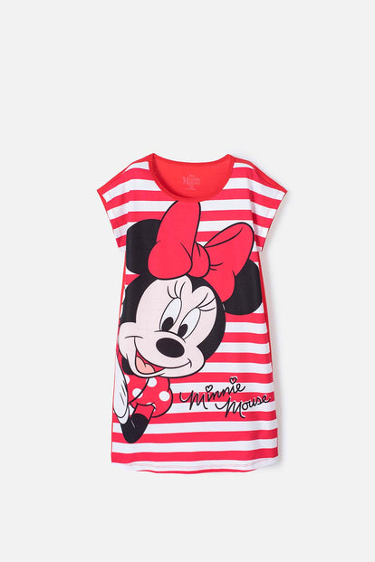 PIJAMA DE MINNIE MOUSE  TIPO BATOLA DE RAYAS ROJO Y BLANCO PARA NIÑA