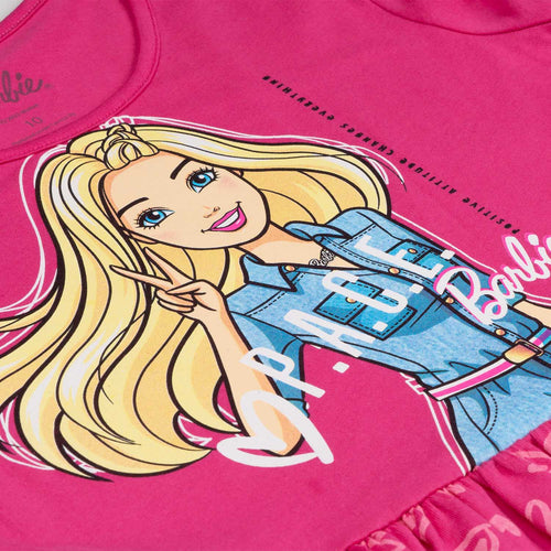 VESTIDO DE BARBIE MANGA CORTA FUCSIA PARA NIÑA