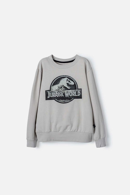 BUZO DE JURASSIC WORLD CUELLO REDONDO GRIS NIEBLA PARA NIÑO