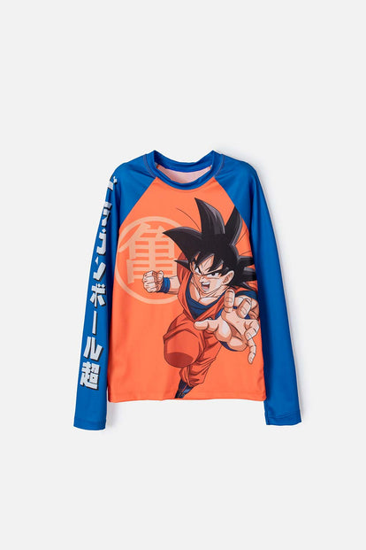 CAMISETA DE BAÑO DE DRAGON BALL Z MANGA CORTA AZUL Y NARANJA PARA NIÑO