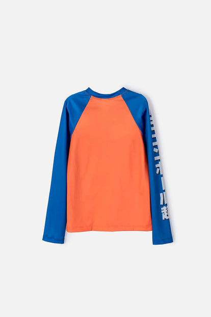 CAMISETA DE BAÑO DE DRAGON BALL Z MANGA CORTA AZUL Y NARANJA PARA NIÑO