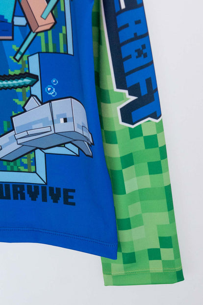 CAMISETA DE BAÑO MINECRAFT MANGA LARGA VERDE Y AZUL PARA NIÑO