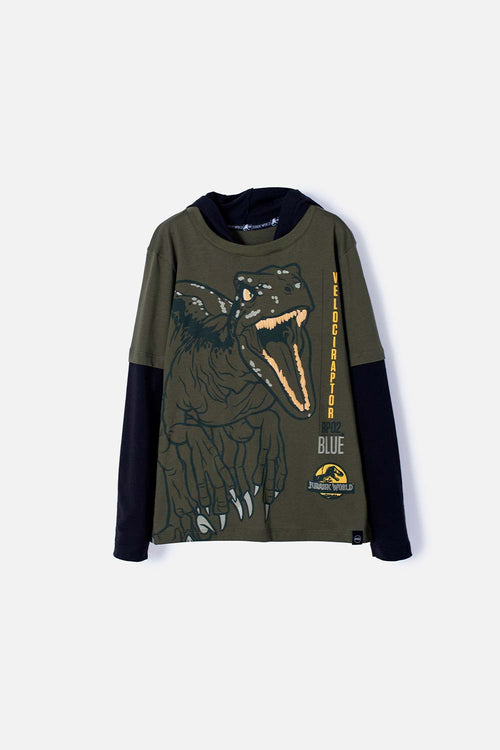 CAMISETA DE JURASSIC MANGA LARGA CON CAPUCHA VERDE MILITAR PARA NIÑO