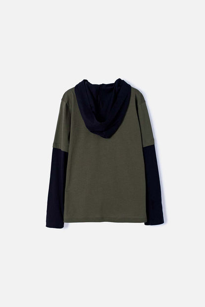 CAMISETA DE JURASSIC MANGA LARGA CON CAPUCHA VERDE MILITAR PARA NIÑO