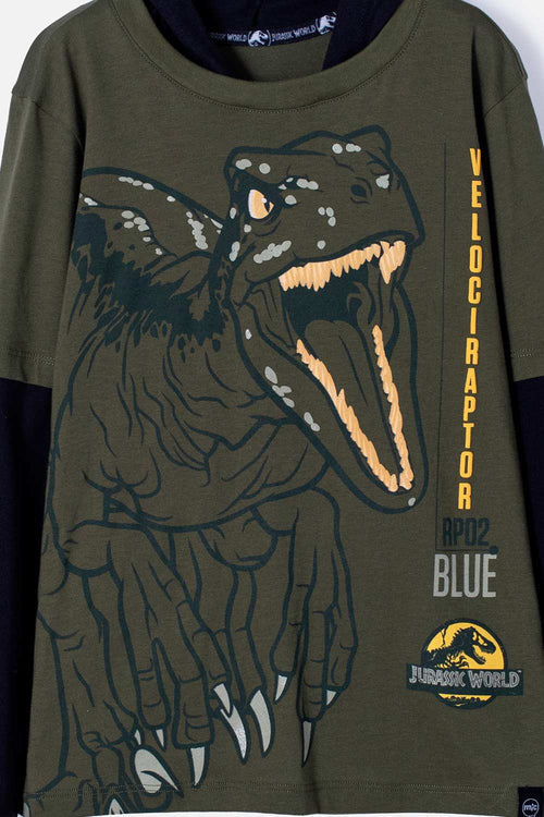 CAMISETA DE JURASSIC MANGA LARGA CON CAPUCHA VERDE MILITAR PARA NIÑO