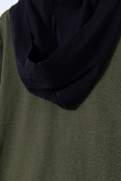 CAMISETA DE JURASSIC MANGA LARGA CON CAPUCHA VERDE MILITAR PARA NIÑO