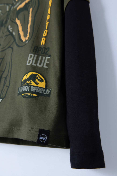 CAMISETA DE JURASSIC MANGA LARGA CON CAPUCHA VERDE MILITAR PARA NIÑO