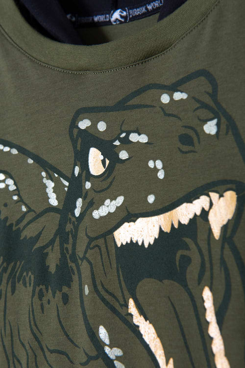 CAMISETA DE JURASSIC MANGA LARGA CON CAPUCHA VERDE MILITAR PARA NIÑO