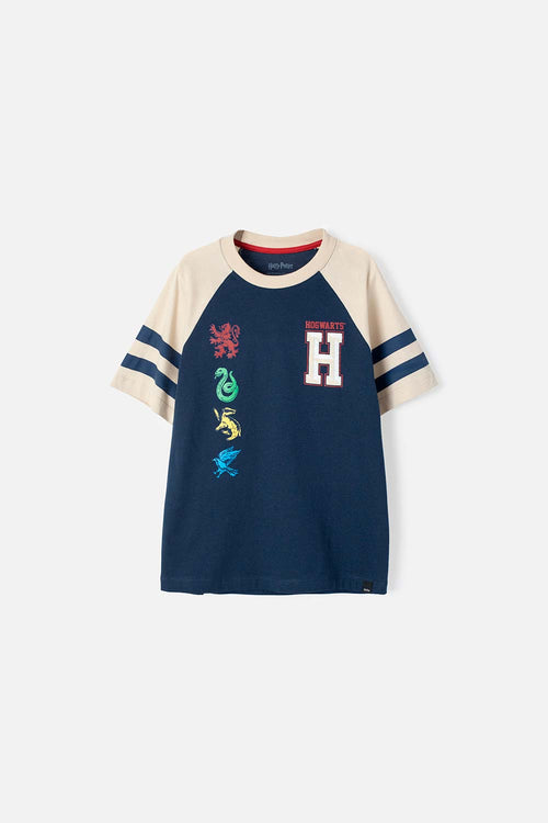 CAMISETA DE HARRY POTTER AZUL OSCURA Y CAQUI MANGA CORTA PARA NIÑO